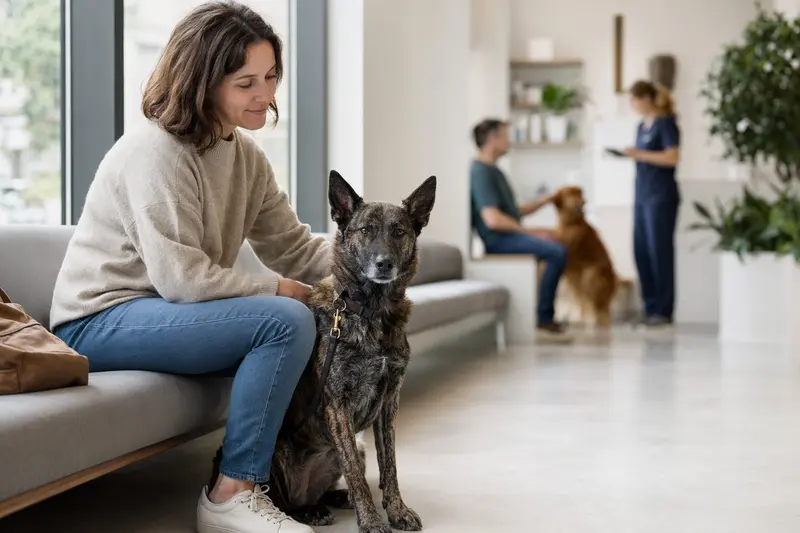 Ein Hollandse Herdershond sitzt ruhig neben seinem Besitzer im hellen Wartezimmer einer modernen Tierarztpraxis.